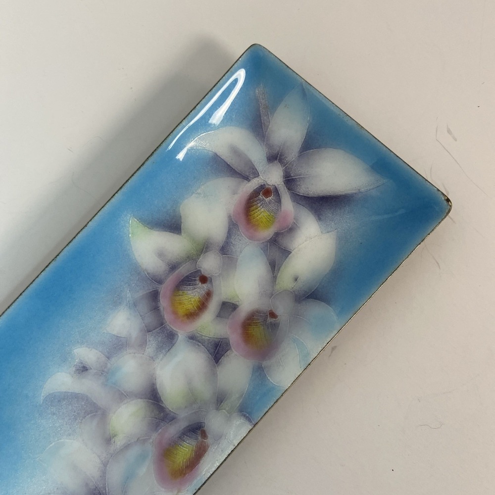 Vintage Japanese Tutanka Orchid Floral Enamel Cloisonne Trinket Tray 9.25x3.25